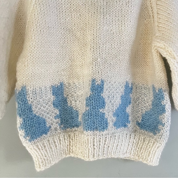 Handmade Knit Blue Bunny Rabbit Zip Up White Sweater Jacket Coat Child 4T 5T - Picture 8 of 13